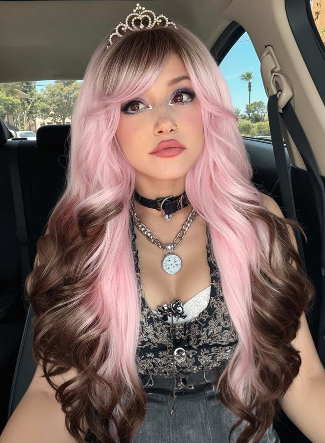 WIGER Long Wavy Hair With Bangs, Pink Romantic Curly Hair With Brown Roots and Ends, Layered Synthetic Curly Hair Brown Ombre Pink Wig for Women Music Festival/Carnival/Valentine's Day wig - Image 3